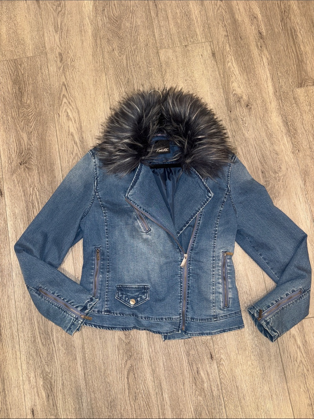 Nanette Lepore Faux-Fur Collar Denim Jacket - Blue size Large